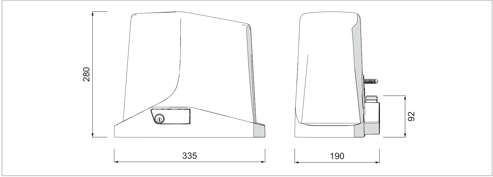TURBO S izmēri: 335 × 190 × 280 mm; zobrata atrašanās vieta 92 mm