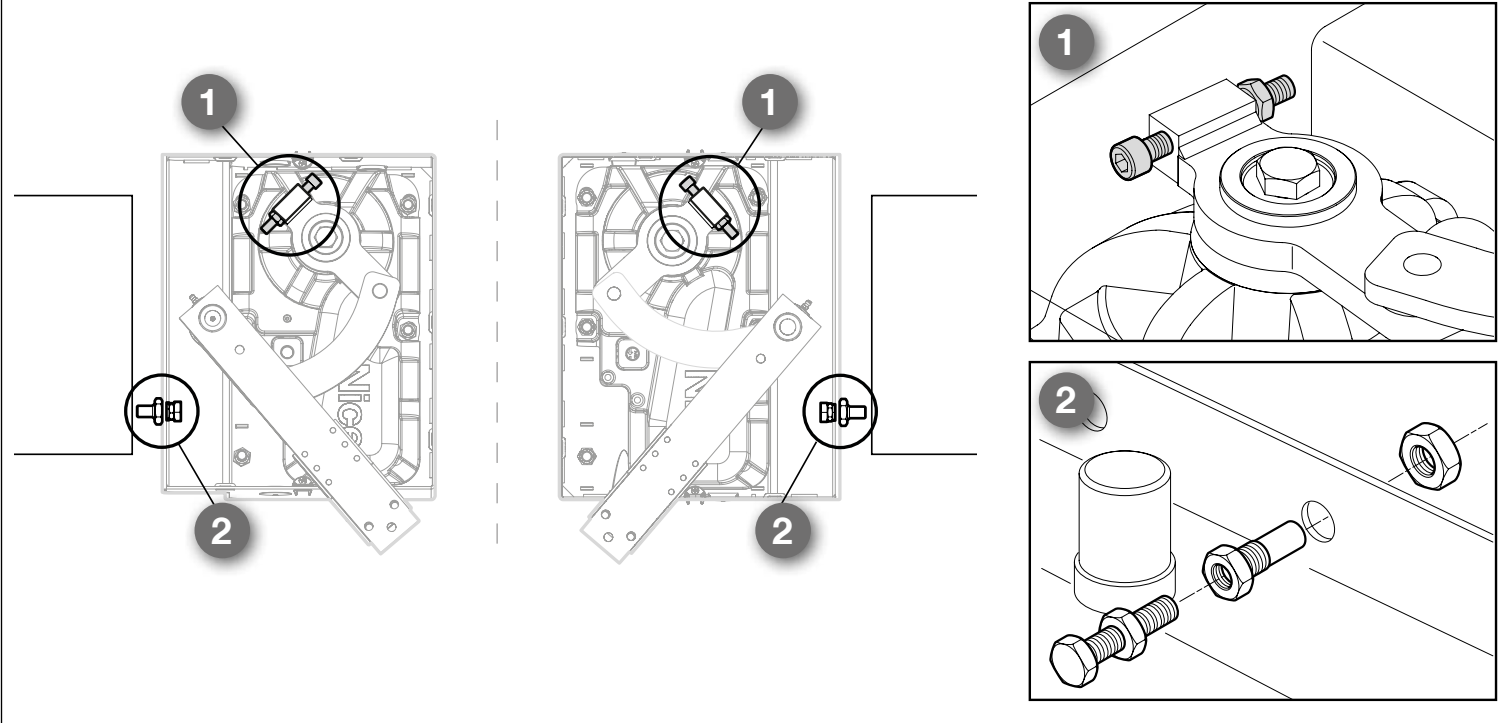 LFAB4024HS – 1 aizvēršanas atdure uz motora, 2 atvēršanas atdure korpusā