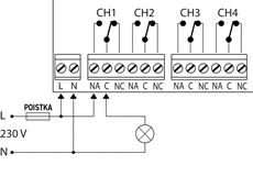 Vispārējas elektriskās ķēdes pieslēguma piemērs (apgaismojums, motors u. c.)